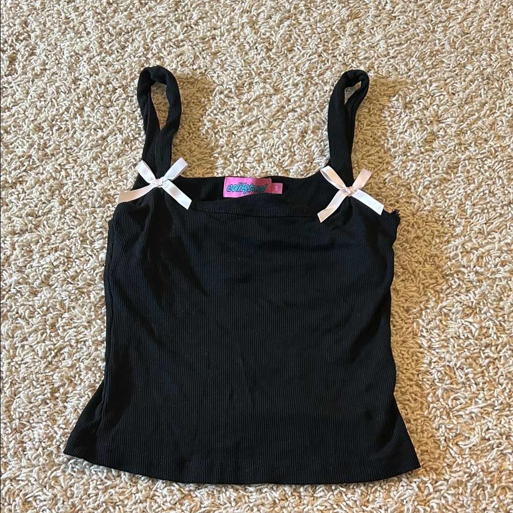 Stylish Black Ribbed Tank Top with pink bows